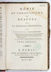 Página de rosto do &39;Genie du Christianisme ou Beautes de la Chrienne Religião&39;, Volume I, chez Migneret Imprimeur, Paris, 1802 (papel impresso)